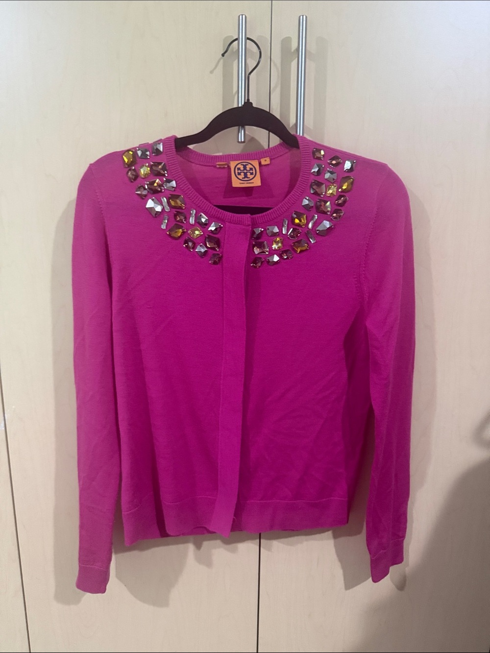 Tory Burch Jeweled Fuchsia Crewneck Cardigan